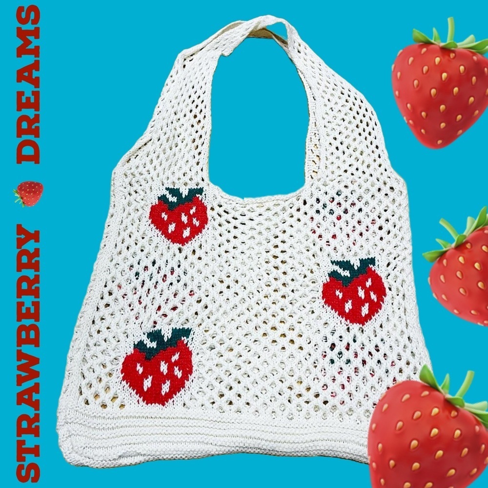 Kawaii Knit Strawberry Crochet Tote Bag Cream NEW